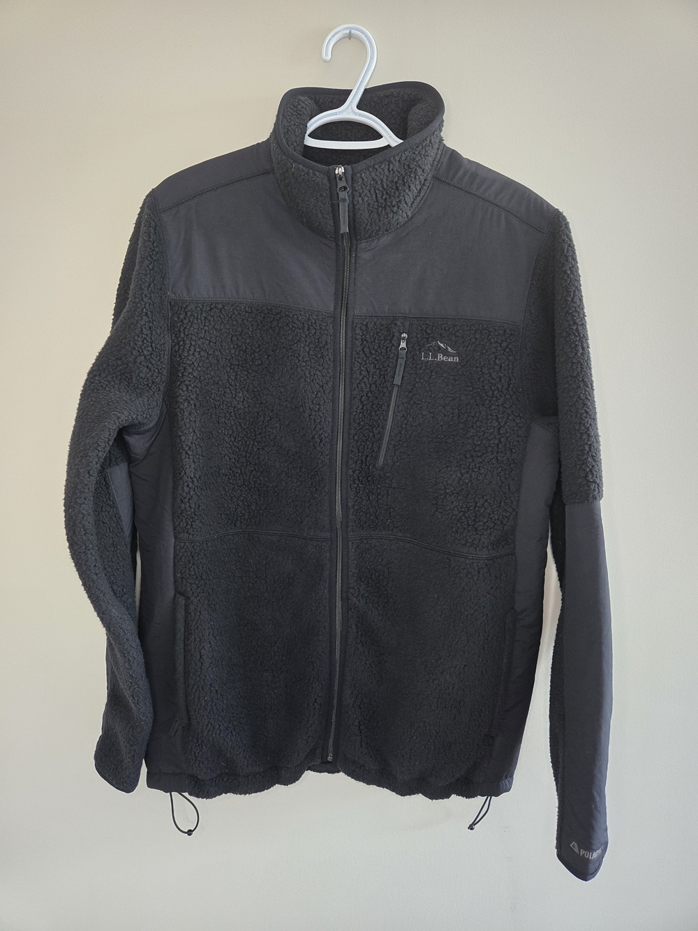 L.L. Bean Black Men's Sherpa Fleece Jacket with Zip Chest Pocket, Drawstring